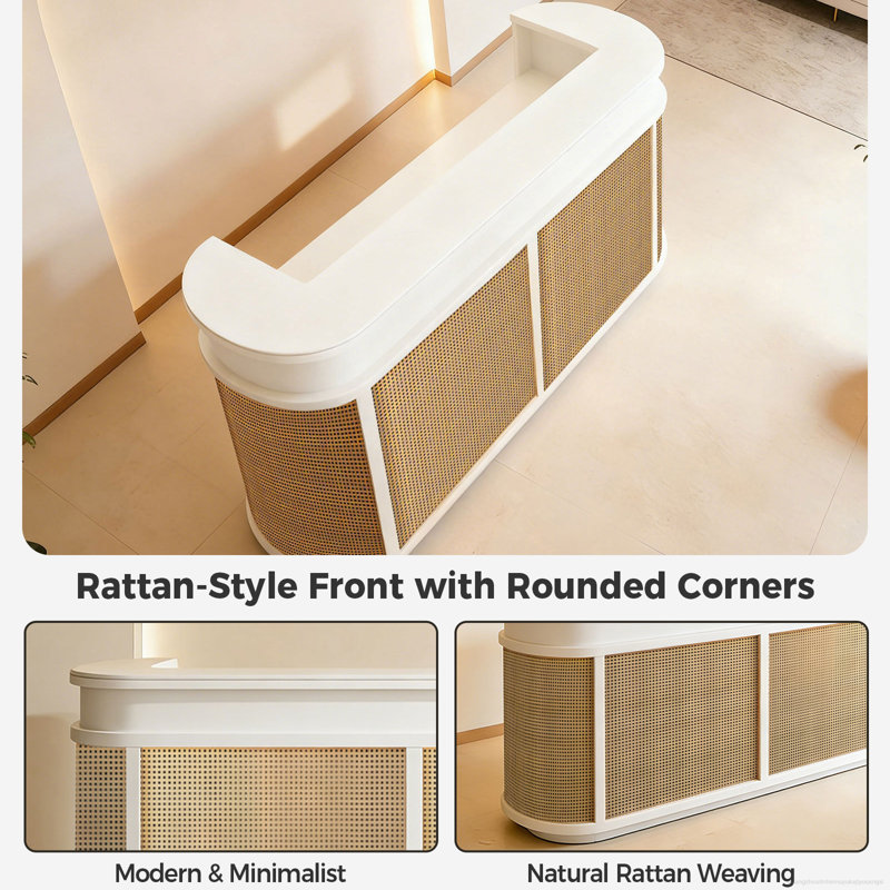 Bureau de réception élégant en rotin pour les bureaux modernes, Blanc, H 39 po x l 79 po x P 24 po