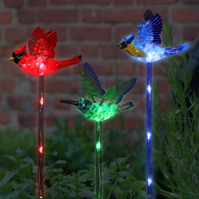 Ensemble de piquets de jardin à cardan, colibri et oiseau bleu avec lumières DEL colorées Exhart WindyWing, 4 x 27 po Exhart