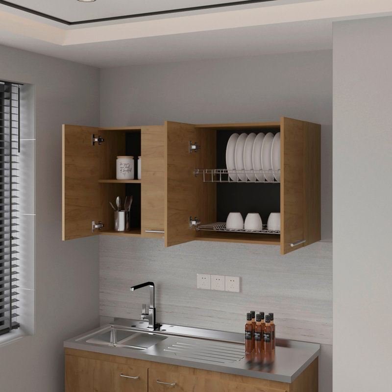 Armoire de cuisine murale en mélamine Lyman avec 4 portes, chêne naturel
