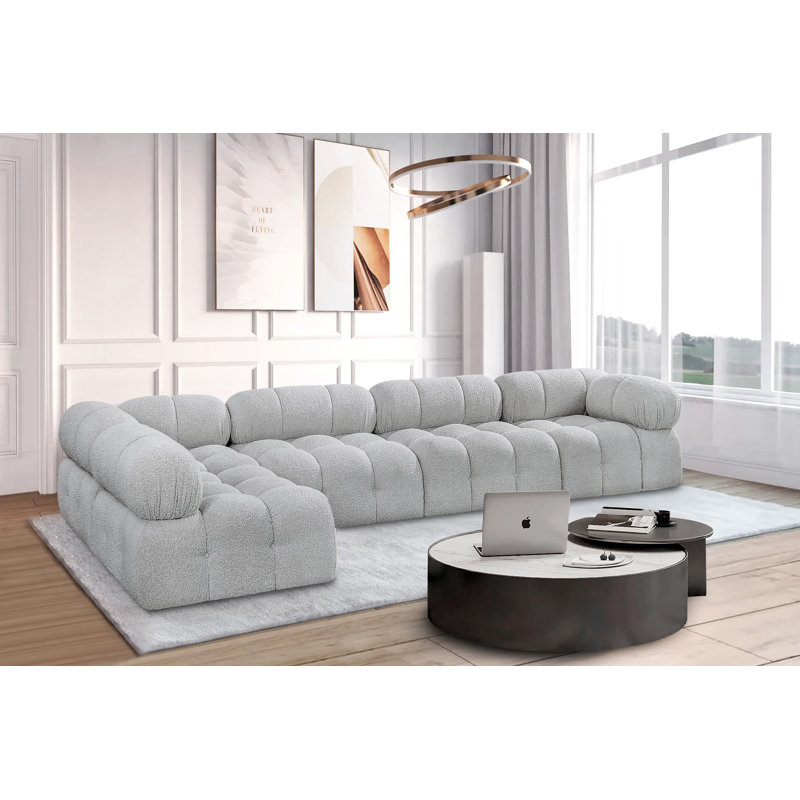 Canapé Ames, Tissu gris bouclé, 3 sans accoudoirs, 2 en coin