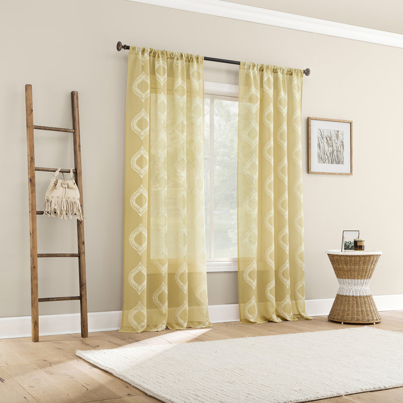 Ravenna Embroidered Medallion Sheer Rod Pocket Curtain Panel, 50" W x 63" L, Gold