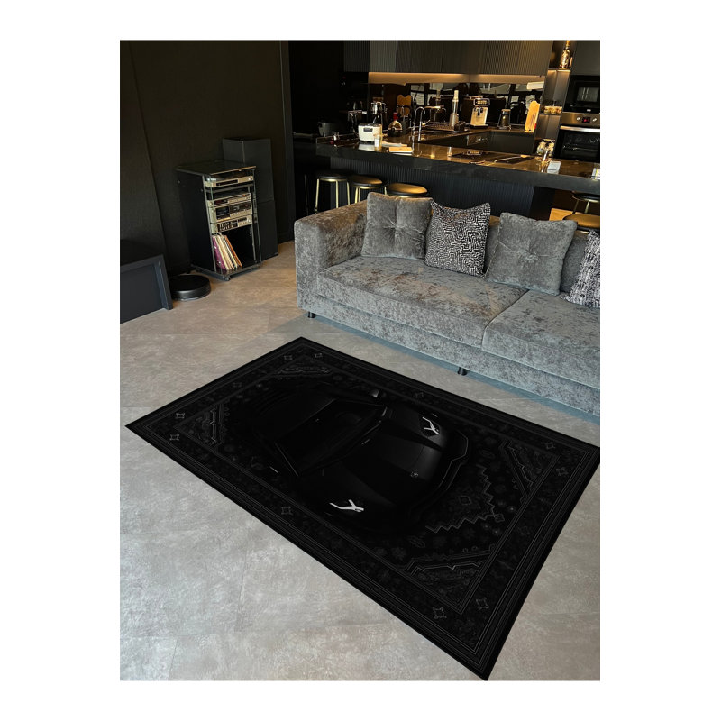 Tapis noir tissé à motif lavable traditionnel Mosso, 2'6" x 4'11"