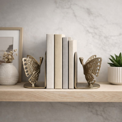 Decorative Butterfly Bookends For Home Decor - Modern Book Ends For Desk Accessory, Shelf Styling, Or Bookshelf Decor - Set Of 2, 6", Gold