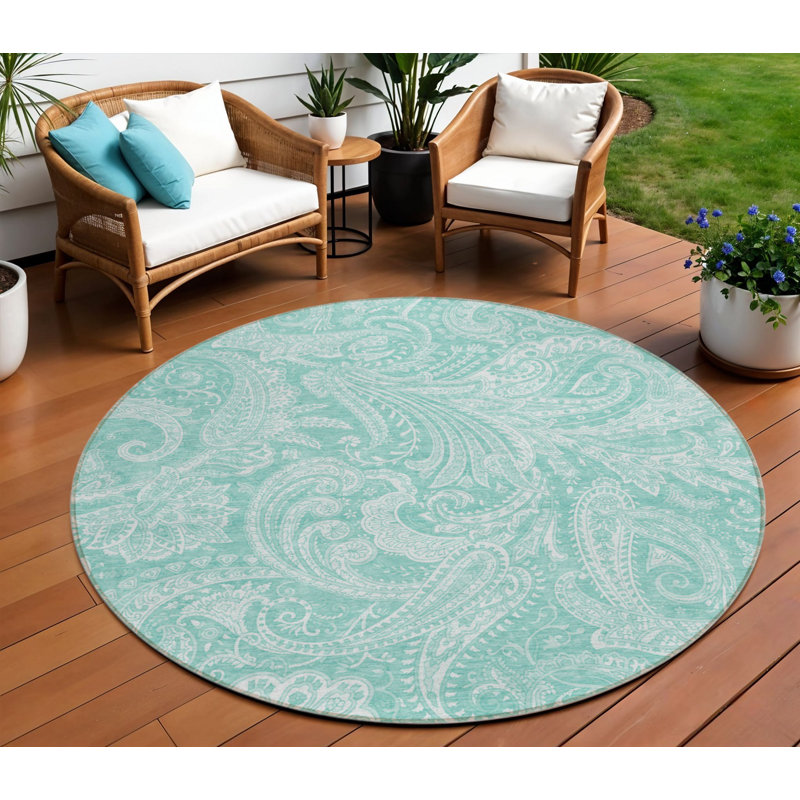 Tapis d'intérieur / extérieur rond 8 pi bleu sarcelle et ivoire lavable