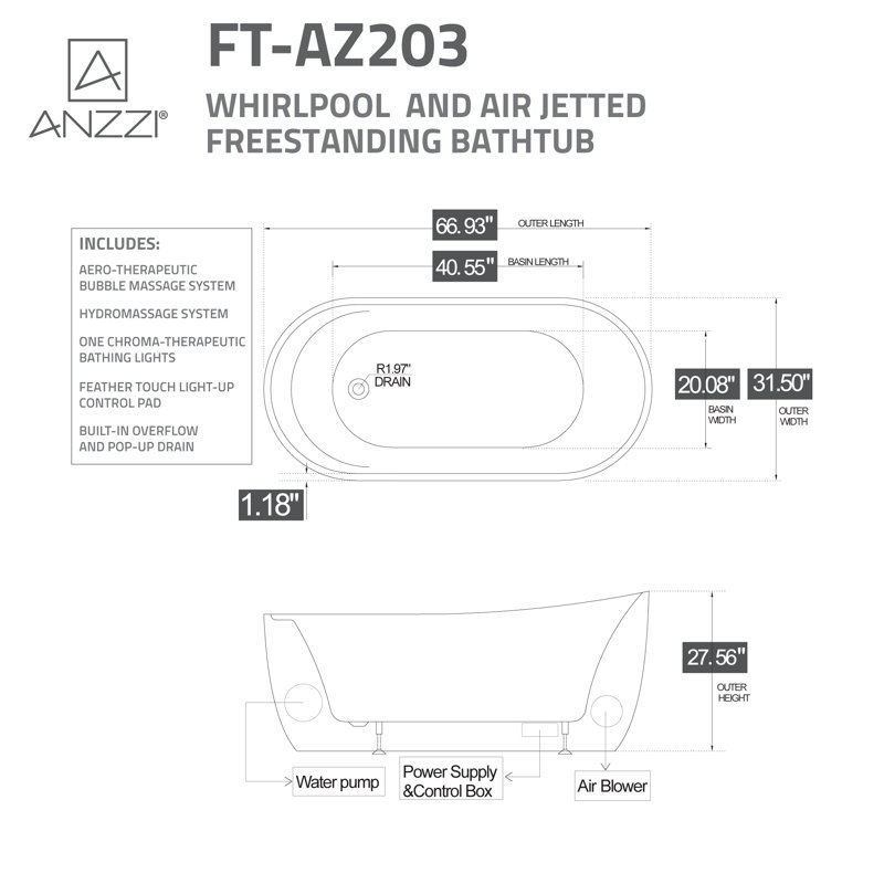 Janet 67'' White Freestanding Acrylic Air and Whirlpool Bathtub