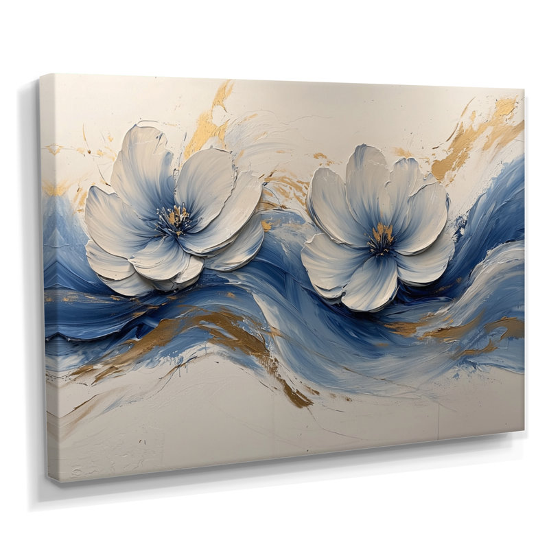 Murphée, velours blanc, bleu, chrysanthèmes, rivière à encre V - Chrysanthèmes, art mural grand, H 34 po x l 44 po