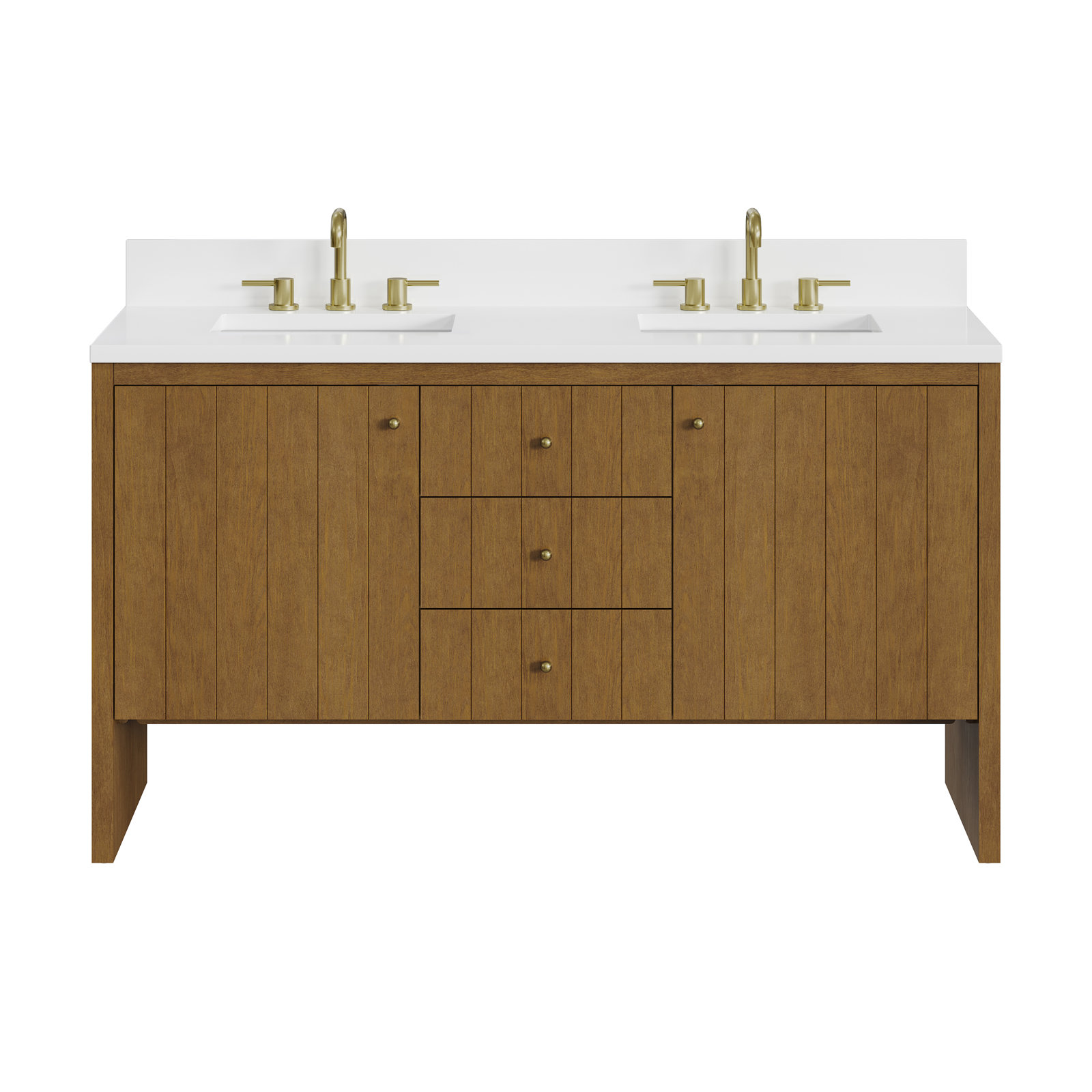 Hudson 60'' Double Bathroom Vanity, White Zeus, 8" Widespread, Honey Brown