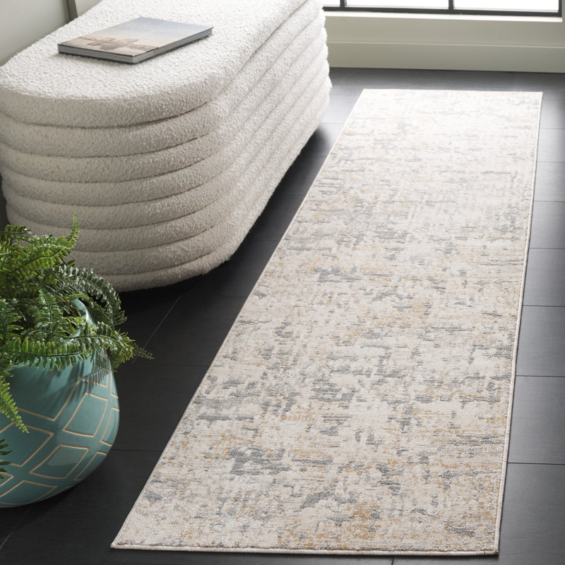 Tapis en polyester / viscose tissé à la machine en ivoire / gris, Tapis de couloir 2 pi x 8 pi