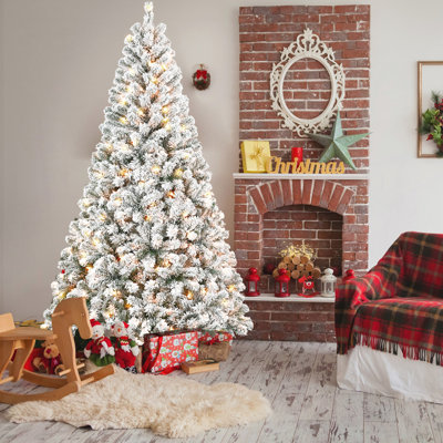 Arbre de Noël 5 pi avec 150 lumières incandescentes blanc chaud, arbre de Noël artificiel enneigé avec 407 pointes et support en métal robuste pour la maison
