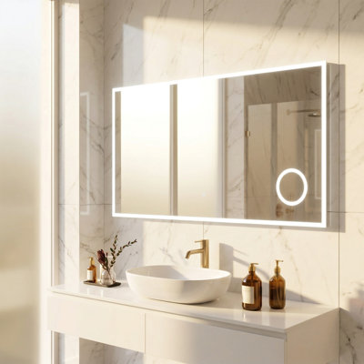 Aamorah Miroir de Salle de Bain DEL 60 po x 29,5 po avec Miroir Grossissant 3X Intégré - Miroir Intelligent Anti-Buée sans Cadre avec Contrôle de Gradation, Éclairage DEL Économe en Énergie et Design Double Miroir