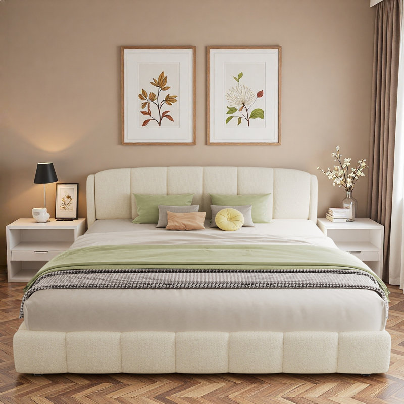 Lit plateforme tapissier Boucle avec tête de lit arrondie et pieds robustes