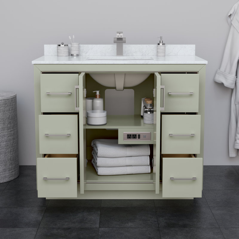 Icon 42" Single Bathroom Vanity Set with Mirror, Brushed Nickel, Carrara, Light Green