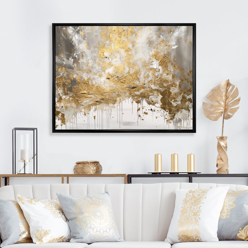 Loughlin Golden Abstract - Décoration murale abstraite, H 24 po x l 32 po x P 1 po, Cadre flottant noir