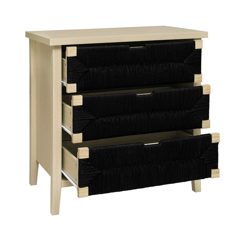 Hand - Woven Rope Decor 3 Drawer Storage Cabinet With Adjustable Shelves For Entryway, Modern Product Style, Natural Main Color, Particle Board + Material, Waterproof Surface Protection Decorated