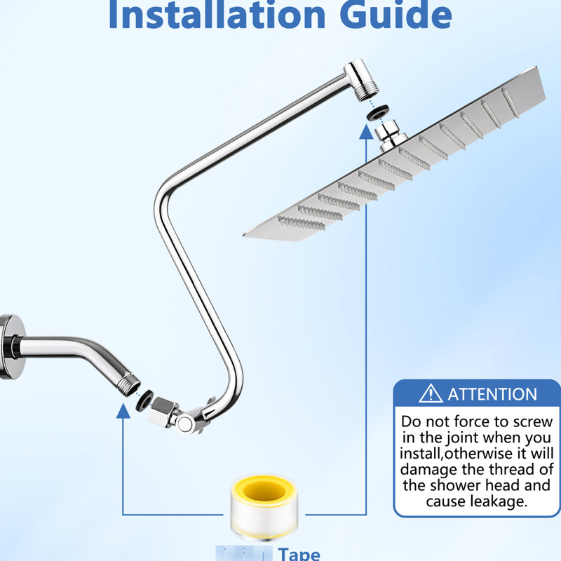 Pomme de douche carrée de 12 po avec bras d'extension réglable - Acier inoxydable, nécessitant peu d'entretien, modernisation des accessoires de salle de bain, fabrication en acier robuste, compatible avec les zones basses,