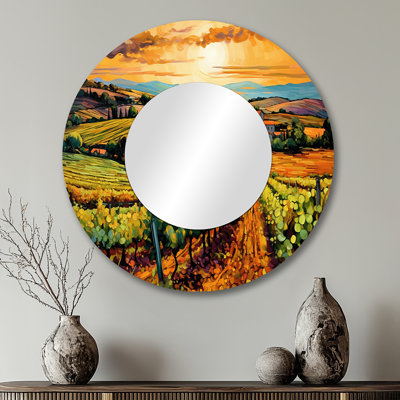 Vangogh Sunlit Vineyards I - Vangogh Mirror, Yellow Round Decorative Wall Mirror, Printed Metal Art