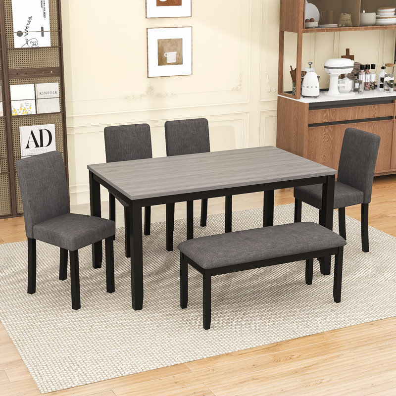 Ensemble de table de salle à manger rectangulaire 6 pièces avec table en bois, 4 chaises rembourrées et banc pour 6, Noir