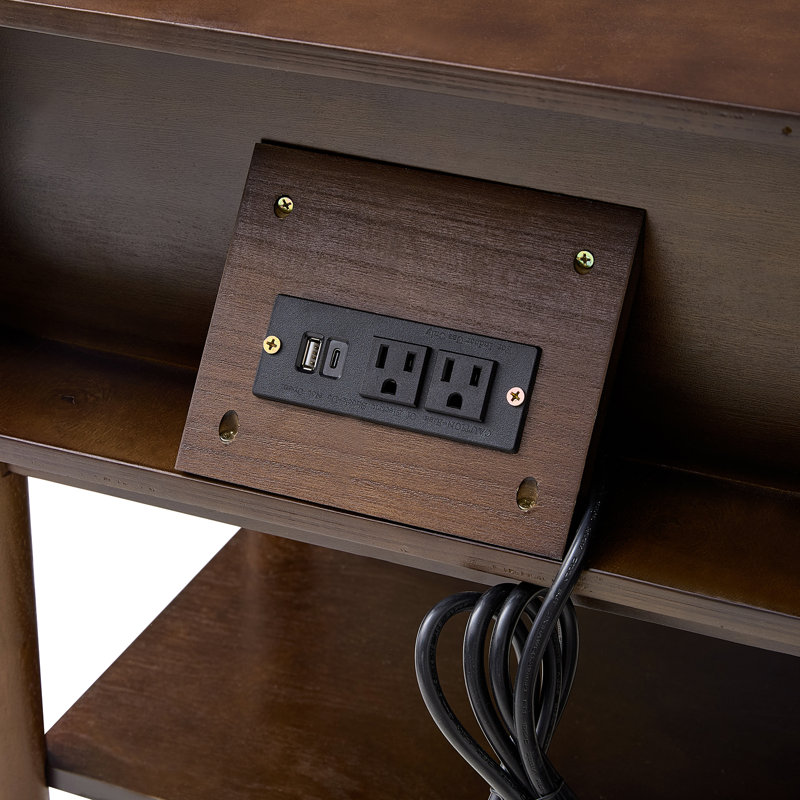 Palig 24"Tall Mid-Century Modern 2-Drawer Solid Wood Veneer with Built-In Charging End Table, Walnut