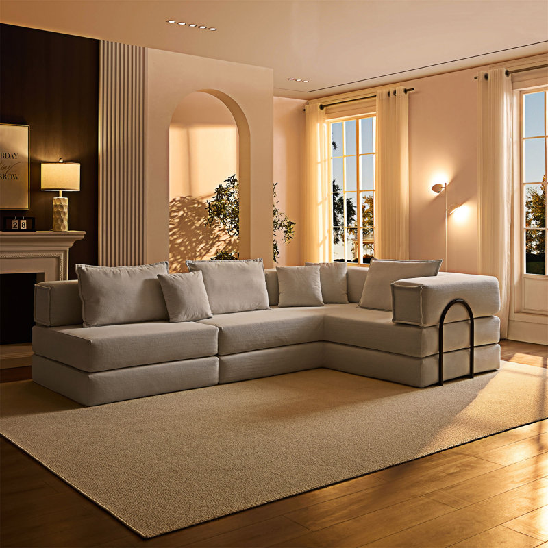 Canapé modulaire rembourré avec coussins, Gris clair