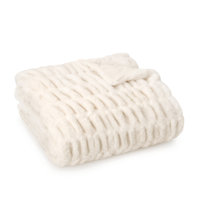 Ruched Cream Faux Fur Knitted Throw Blanket