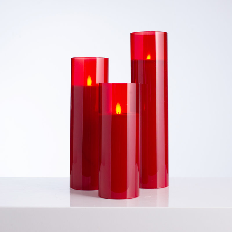 Grandes bougies colonne en verre rouge à DEL sans flamme avec télécommande - ensemble de 3, Rouge