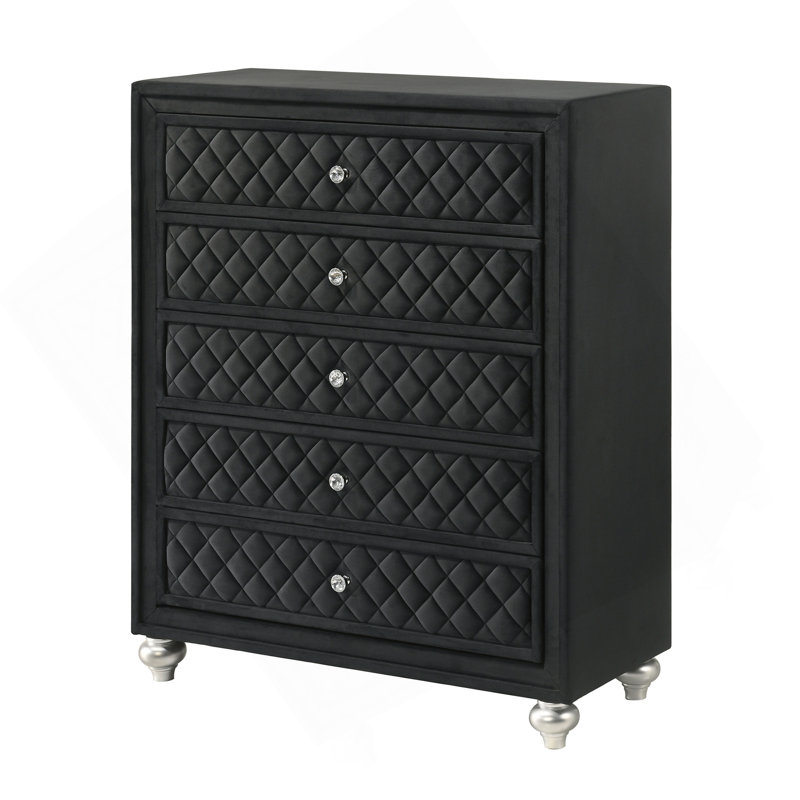 Commode à 5 tiroirs en velours capitonné 1 pièce Traditional Glam