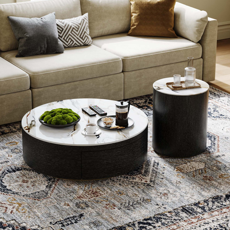 2 Drum Coffee Table, Sintered Stone Top, Fully-assembled