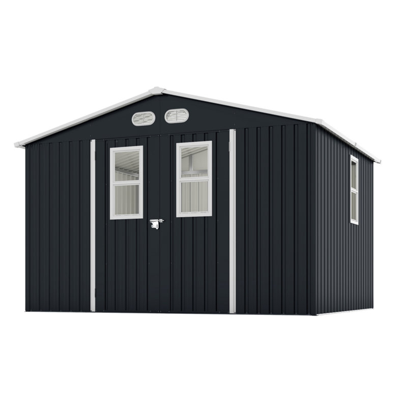 Remise de rangement extérieure 8 x 10 pieds avec film protecteur, quatre fenêtres à lumière du jour, portes verrouillables, remise de rangement gris foncé.