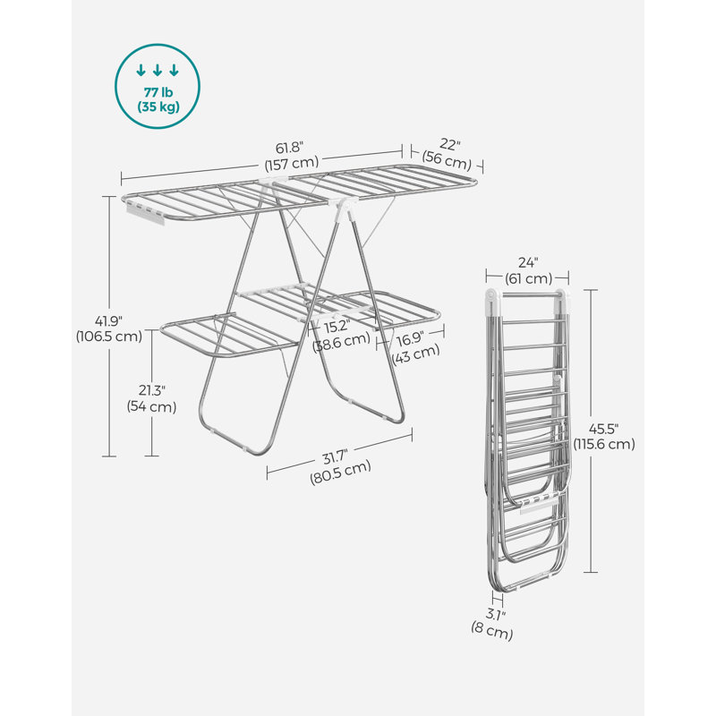 Clothes Drying Rack, Foldable 2-Level Laundry Drying Rack, Free-Standing Laundry Airer, With Height-Adjustable Wings, 33 Rails, Sock Clips