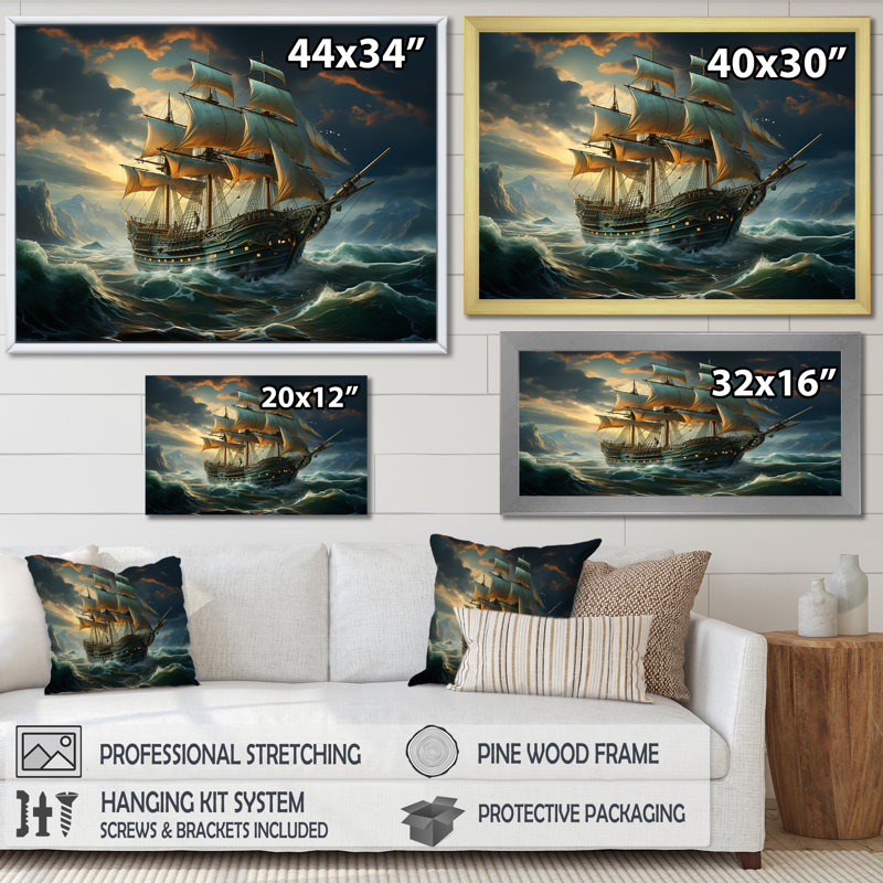 «Pirate Ship Legacy I», art mural pirate, Cadre flottant blanc, H 12 po x l 20 po x P 1 po