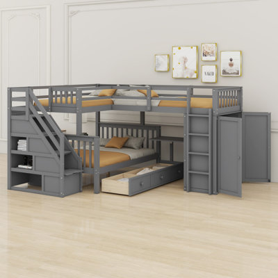 L-Shaped Bunk Bed with Portable Desk, Wardrobe and Ample Storage Drawers
