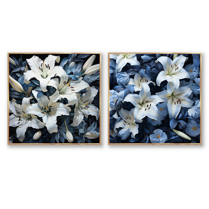Ensemble de 2 carrés de lys blancs et bleus, Cadre flottant noir, H 16 po x l 33 po