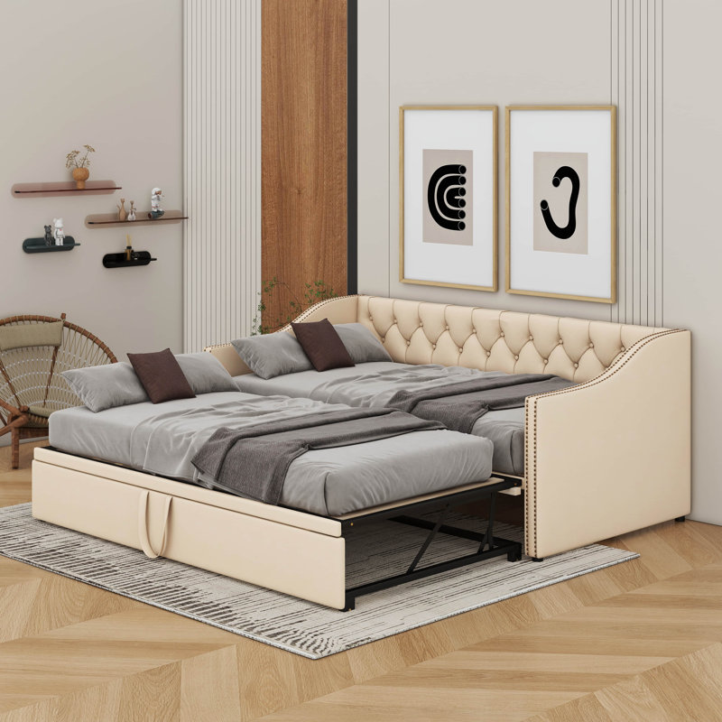 Twin Size Upholstered Daybed With Pop Up Trundle, Beige