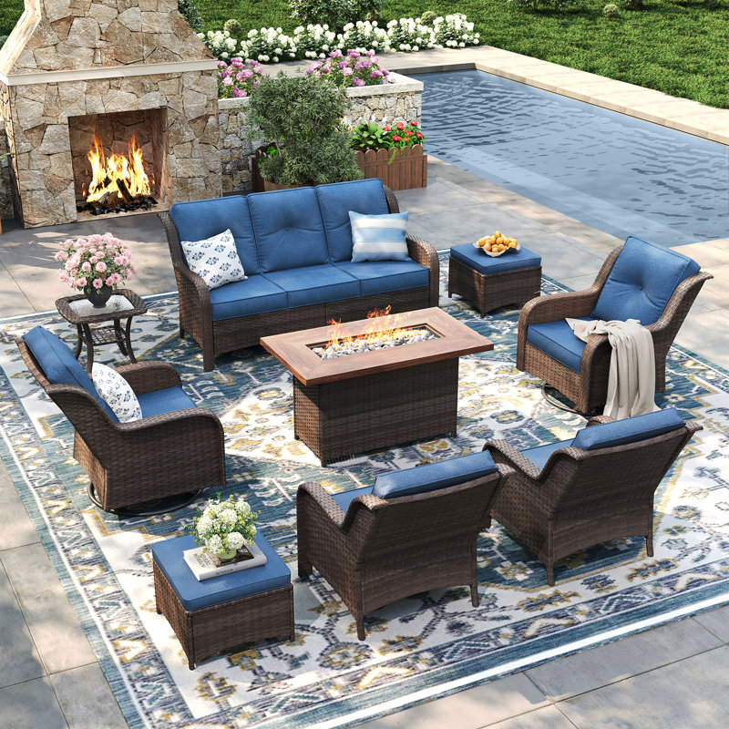 Ensemble de conversation d'extérieur en rotin 9 pièces avec canapé 3 places, fauteuils avec accoudoirs et repose-pieds, Brun