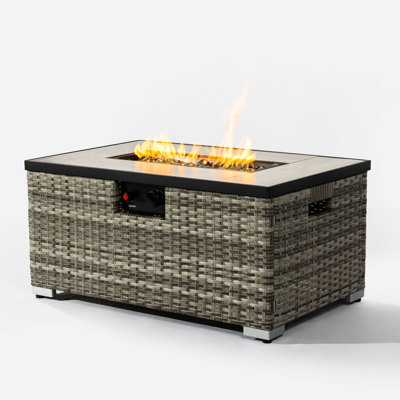 Table de foyer au propane avec plateau en céramique et support de réservoir, beige, 30,79 po de profondeur x 19,37 po de largeur, 15,15 po de hauteur, 80 lb et tuile, 30,79 po de largeur, 19,37 po de largeur, 15,15 po de hauteur, poids