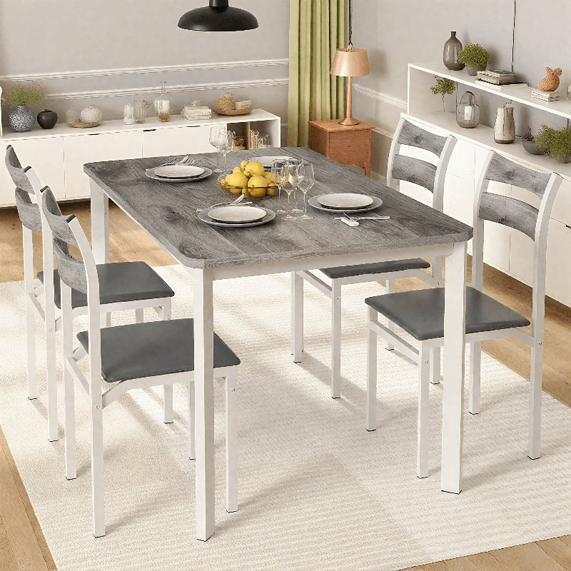 Dining Table Set For 4, 43.3" Kitchen Table And Chairs Set Of 4, 5-Piece Industrious Wood Dining Room Table Set With 4 Upholstered PU Leather Chairs For Small Space, Breakfast Nook, Apartment