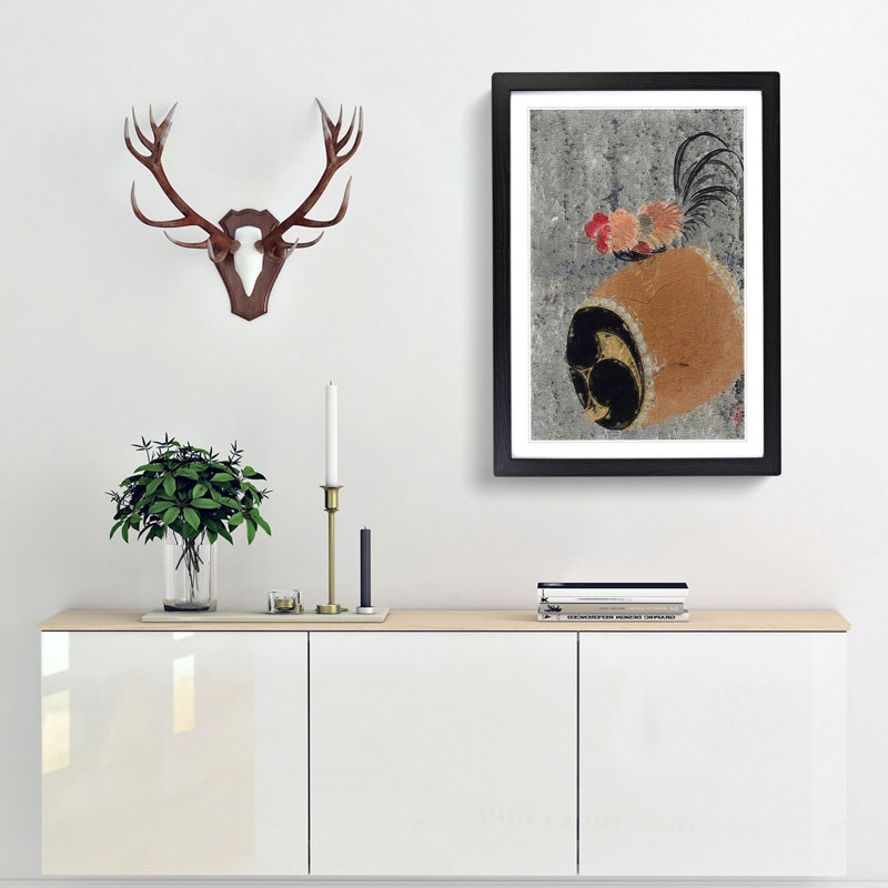 Cock on a Drum by Shibata Zeshin - Picture Frame Painting, 65cm H x 48cm W x 2cm D, Black Framed