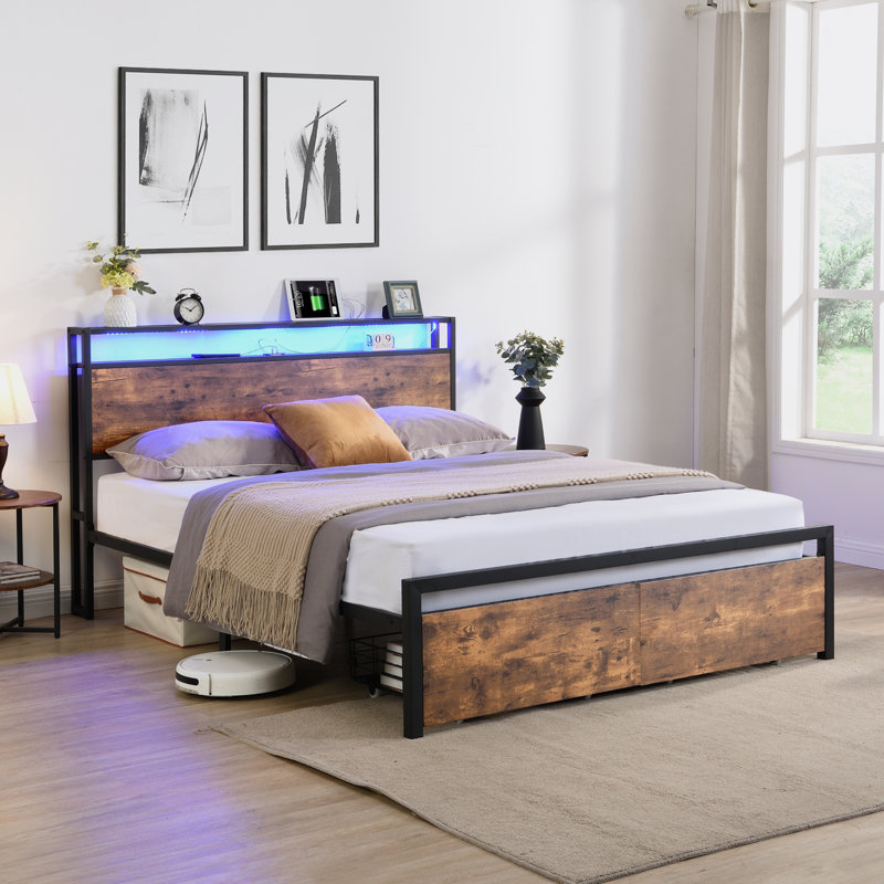 Hasson Borunda Bookcase Bed with 2 Drawers, LED Lights Bed with Charging Station, Full / Double
