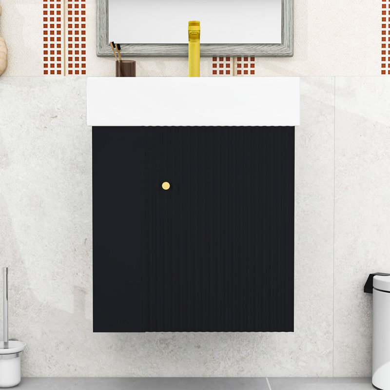 Meuble-lavabo moderne flottant avec porte à motif de vagues, lavabo en céramique et tablettes de rangement, Noir