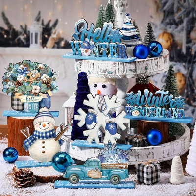 Décorations de table d'hiver - Bleu - Flocon de neige en bois et centre de table bonhomme de neige, style maison de campagne rustique