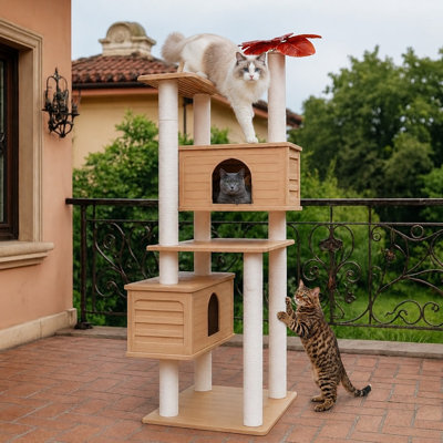 Khaki 64-Inch Weatherproof Multi-Level Outdoor Cat Tower, suitable for multi-cat households and made with PE board and polypropylene rope; the 2 large cat condo houses are easy to assemble and clean.