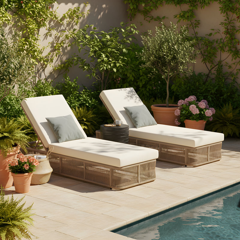 Marienthal Patio 3-Piece Weave Rope Chaise Lounge & Concrete Side Table Set With Adjustable Backrest & Cushions