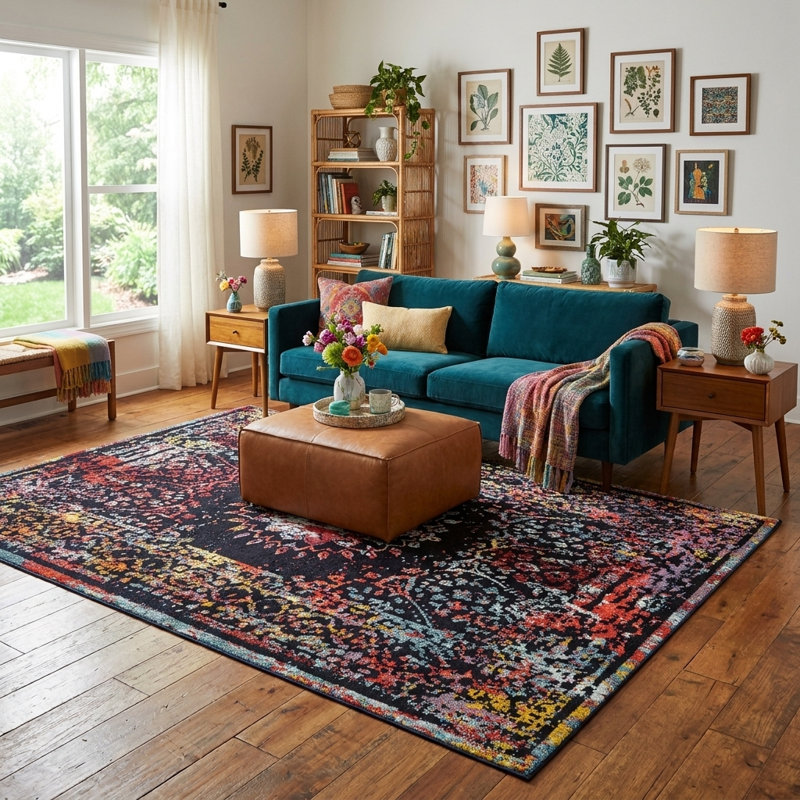 Tapis Sarah Daijanay, Rouge / Bleu, Rectangle 7 pi 1 po x 10 pi