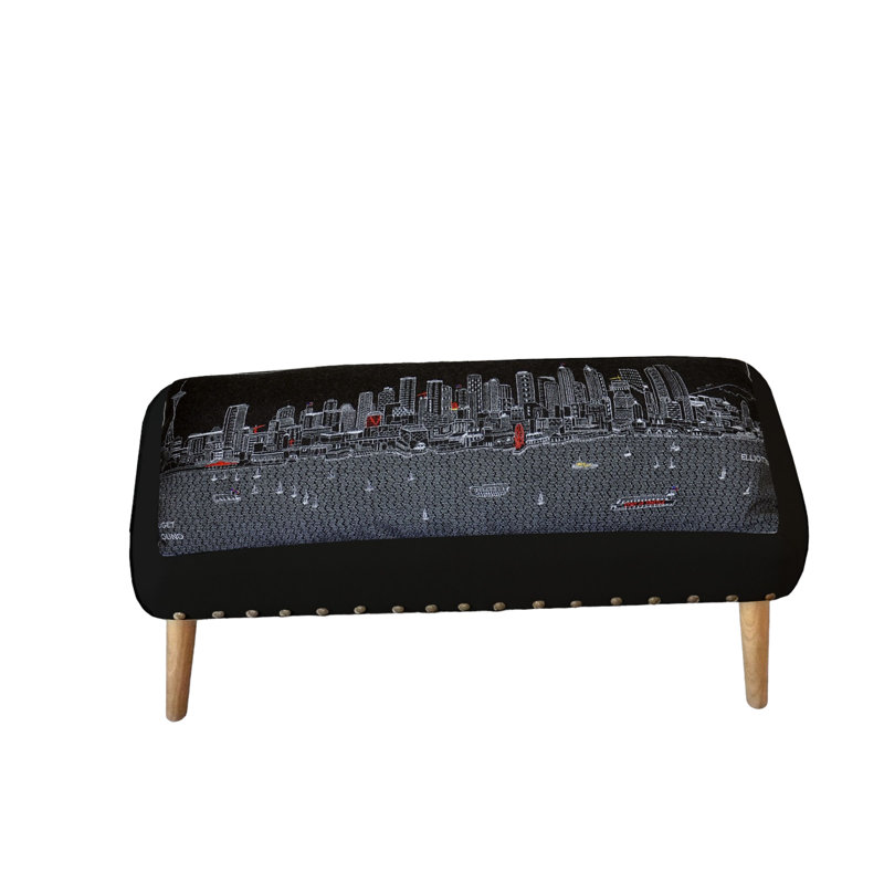 38" Gray Wool and Brown Ottoman