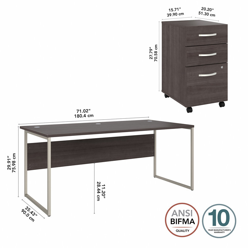 Desk And 3 Drawer Mobile Pedestal, Brown, 29.91" H x 71.02" W x 29.37" D