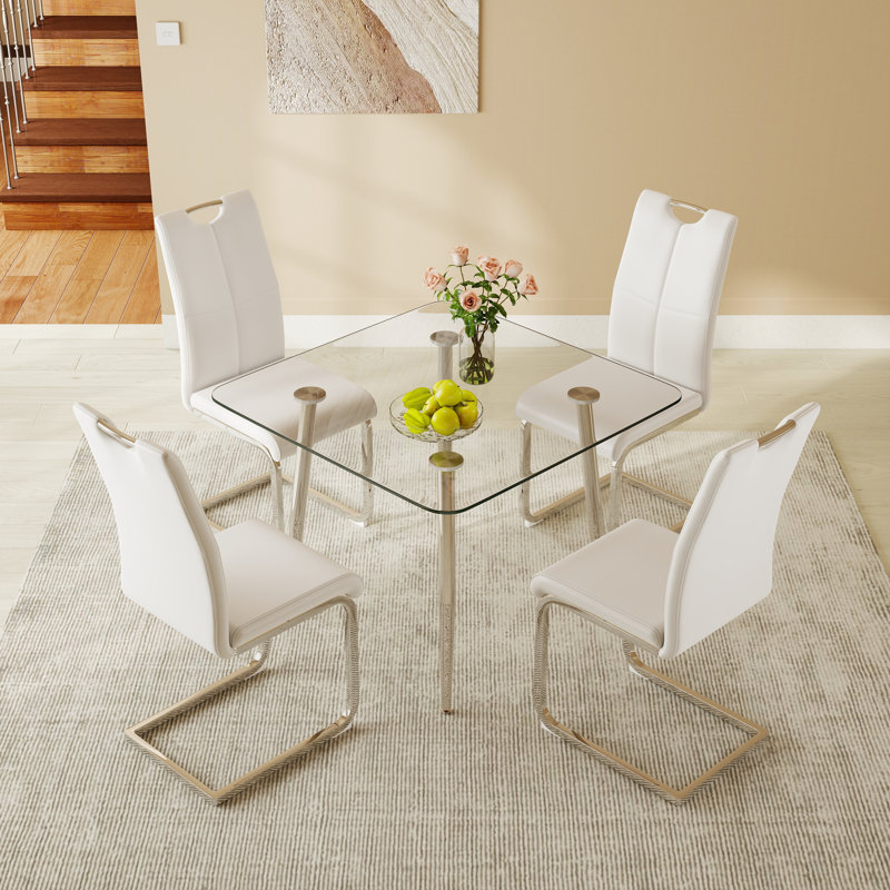 5-Piece 36 Inch Square Dining Table Set, Tempered Glass Top Table With 4 Upholstered Leather Dining Chairs, Modern Kitchen Dining Set For Small Space, Dining Room & Breakfast Nook