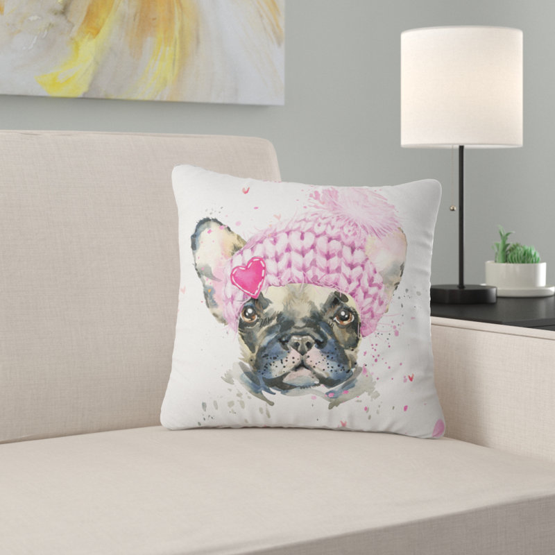 Bouledogue français avec chapeau rose - coussin imprimé animal, 18 po x 18 po, Coussin décoratif