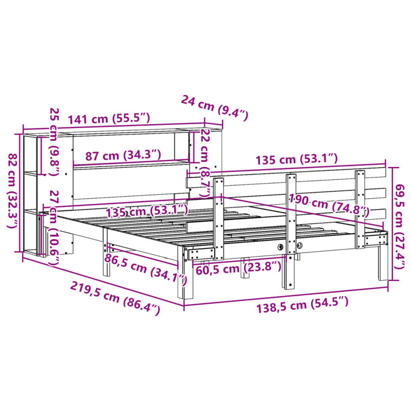Solid Wood Bed, UK Double (135 x 190 cm)