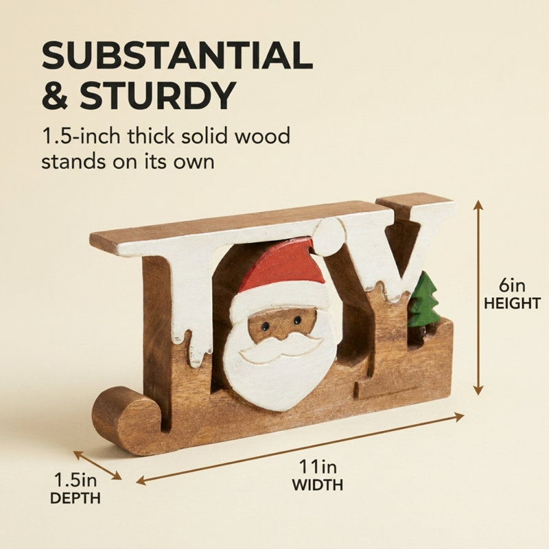 Élégante sculpture en bois faite à la main de Joyeux mot avec le Père Noël - Sculpture de table moderne pour la maison et le décor de Noël