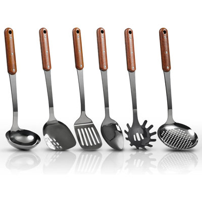 Stainless Steel Mirror Polished Kitchen Utensils Set 6pcs Cooking Utensils Set with Wooden Handle Heat Resistant Kitchen Tool Set